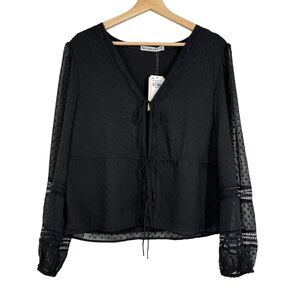 Abercrombie and Fitch Womens Sheer Blouse M Black Swiss Dot Tie Front Witchy NEW